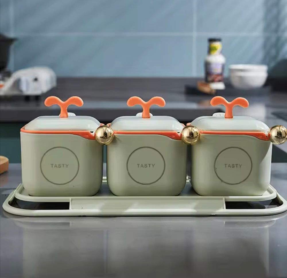 3-Piece Modern Spice Jar Set with Tray & Spoons