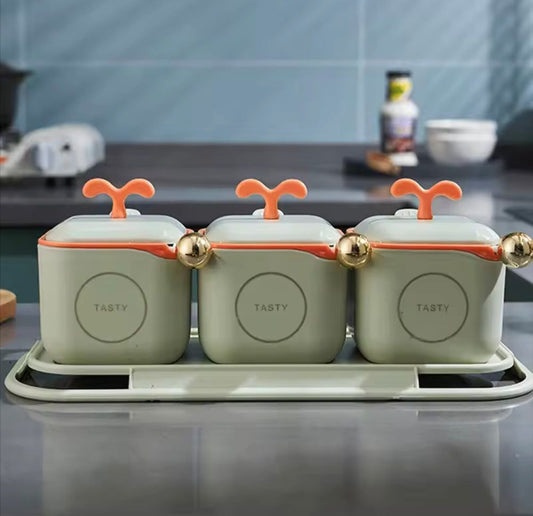 3-Piece Modern Spice Jar Set with Tray & Spoons