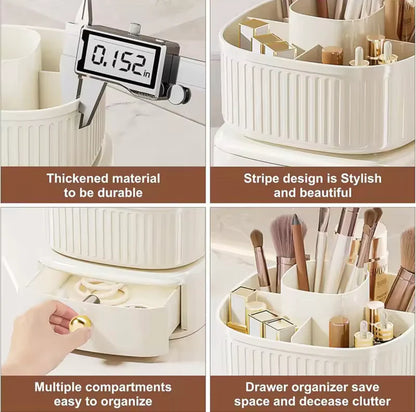5-Grid 360° Rotating Makeup Organizer with Drawer | Desktop Vanity Cosmetic & Makeup Brush Holder