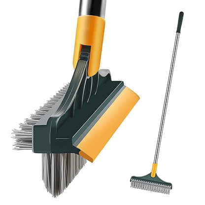 3-in-1 Floor Scrub Brush with Squeegee | Long Handle Cleaning Brush