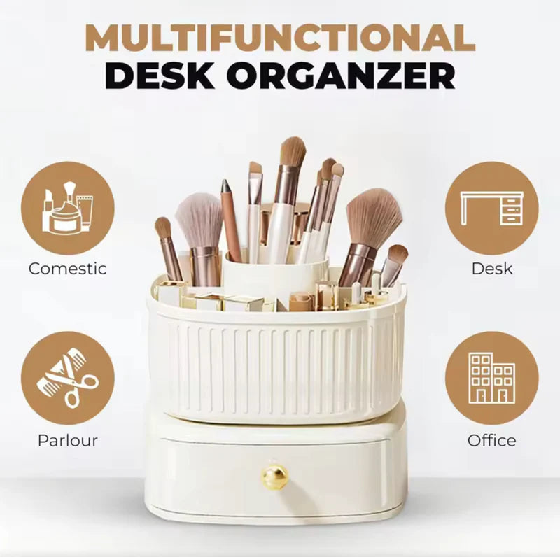 5-Grid 360° Rotating Makeup Organizer with Drawer | Desktop Vanity Cosmetic & Makeup Brush Holder
