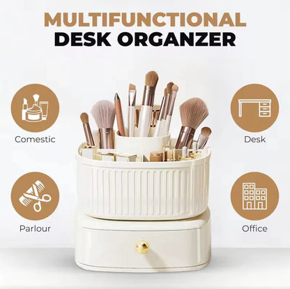 5-Grid 360° Rotating Makeup Organizer with Drawer | Desktop Vanity Cosmetic & Makeup Brush Holder