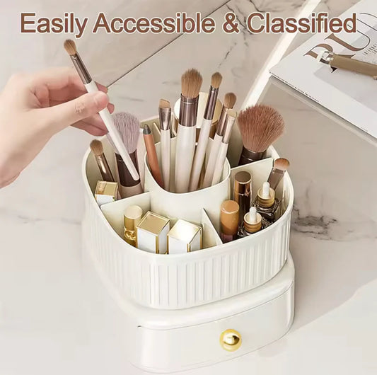 5-Grid 360° Rotating Makeup Organizer with Drawer | Desktop Vanity Cosmetic & Makeup Brush Holder