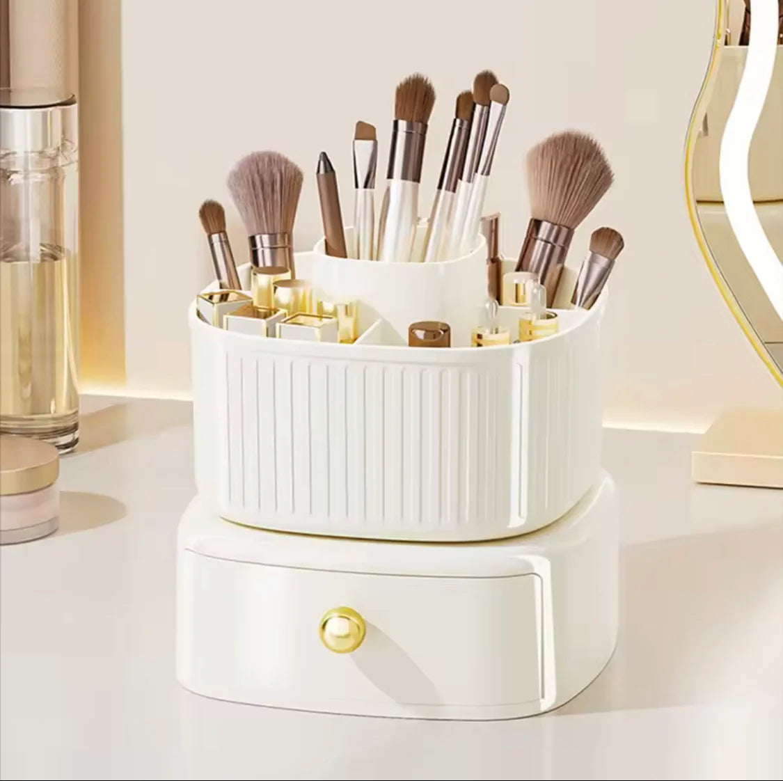 5-Grid 360° Rotating Makeup Organizer with Drawer | Desktop Vanity Cosmetic & Makeup Brush Holder