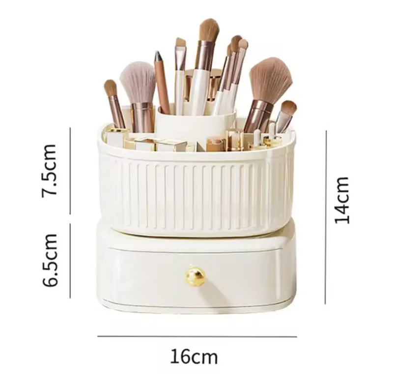 5-Grid 360° Rotating Makeup Organizer with Drawer | Desktop Vanity Cosmetic & Makeup Brush Holder