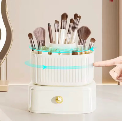 5-Grid 360° Rotating Makeup Organizer with Drawer | Desktop Vanity Cosmetic & Makeup Brush Holder
