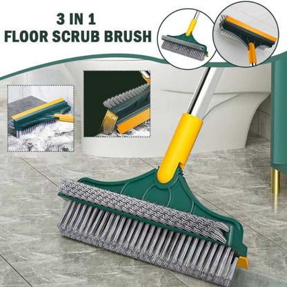 3-in-1 Floor Scrub Brush with Squeegee | Long Handle Cleaning Brush