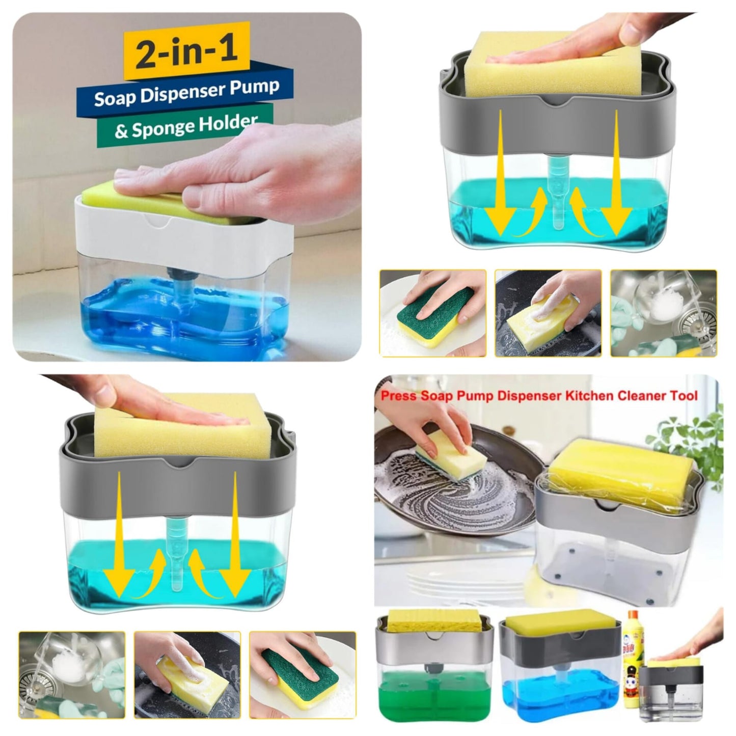 Soap Dispenser for Kitchen Sink | 2-in-1 Soap Pump with Sponge Holder